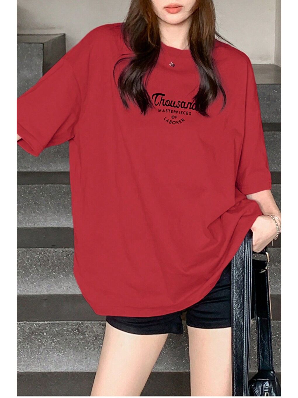 Kadın Kırmızı Bisiklet Yaka Thousand Baskılı Oversize T Shirt-2