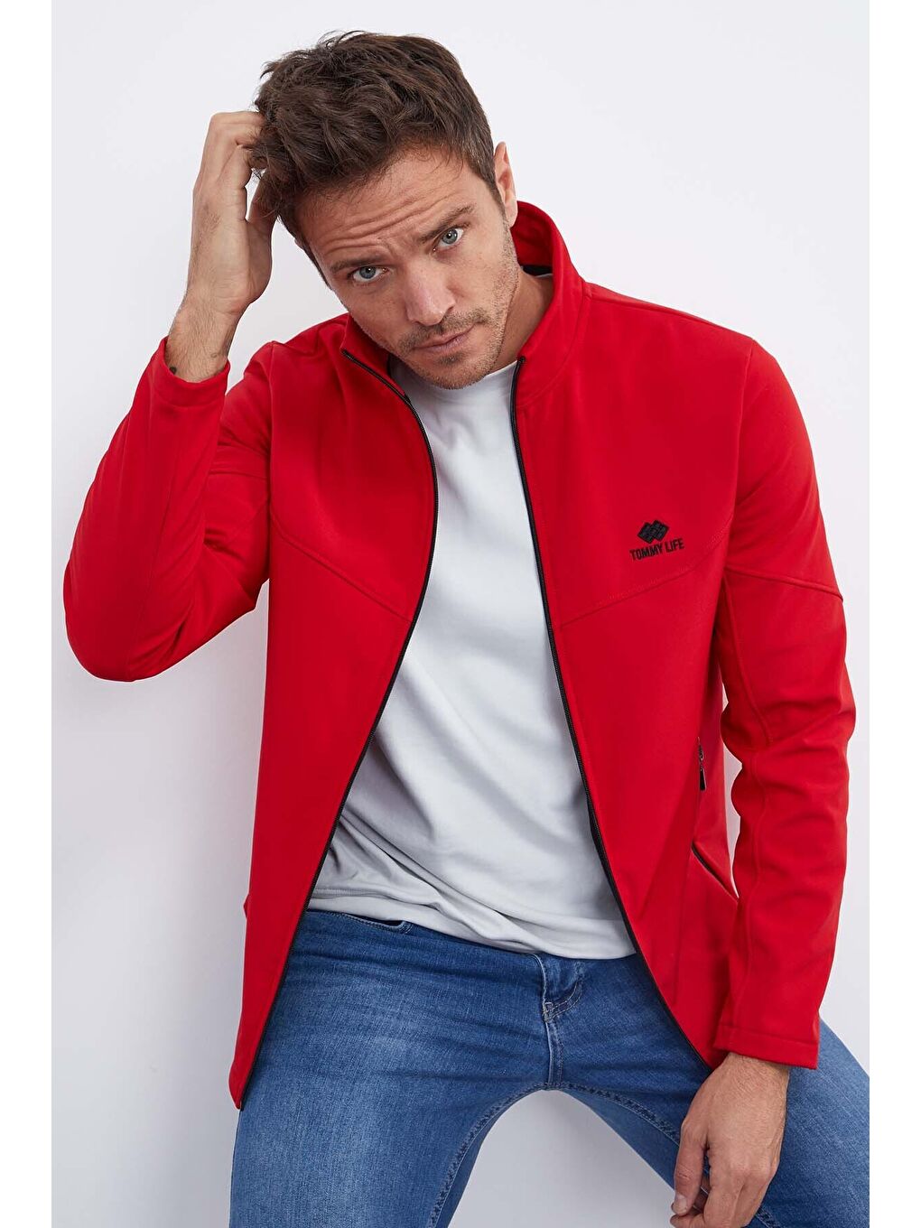 Kırmızı Fermuarlı Dik Yaka Su ve Rüzgar Geçirmez Softshell Erkek Mont - 88050-3