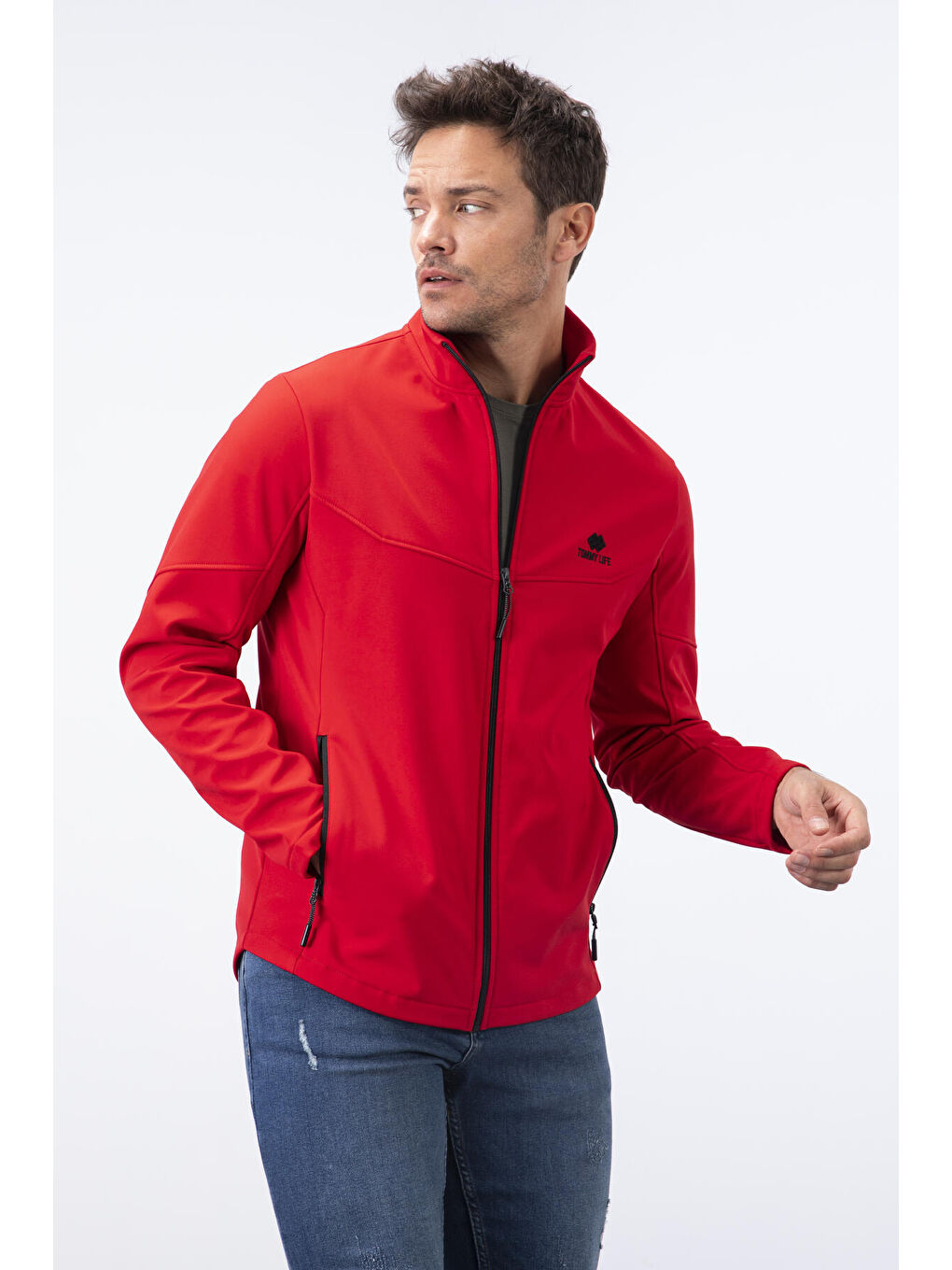 Kırmızı Fermuarlı Dik Yaka Su ve Rüzgar Geçirmez Softshell Erkek Mont - 88050-4