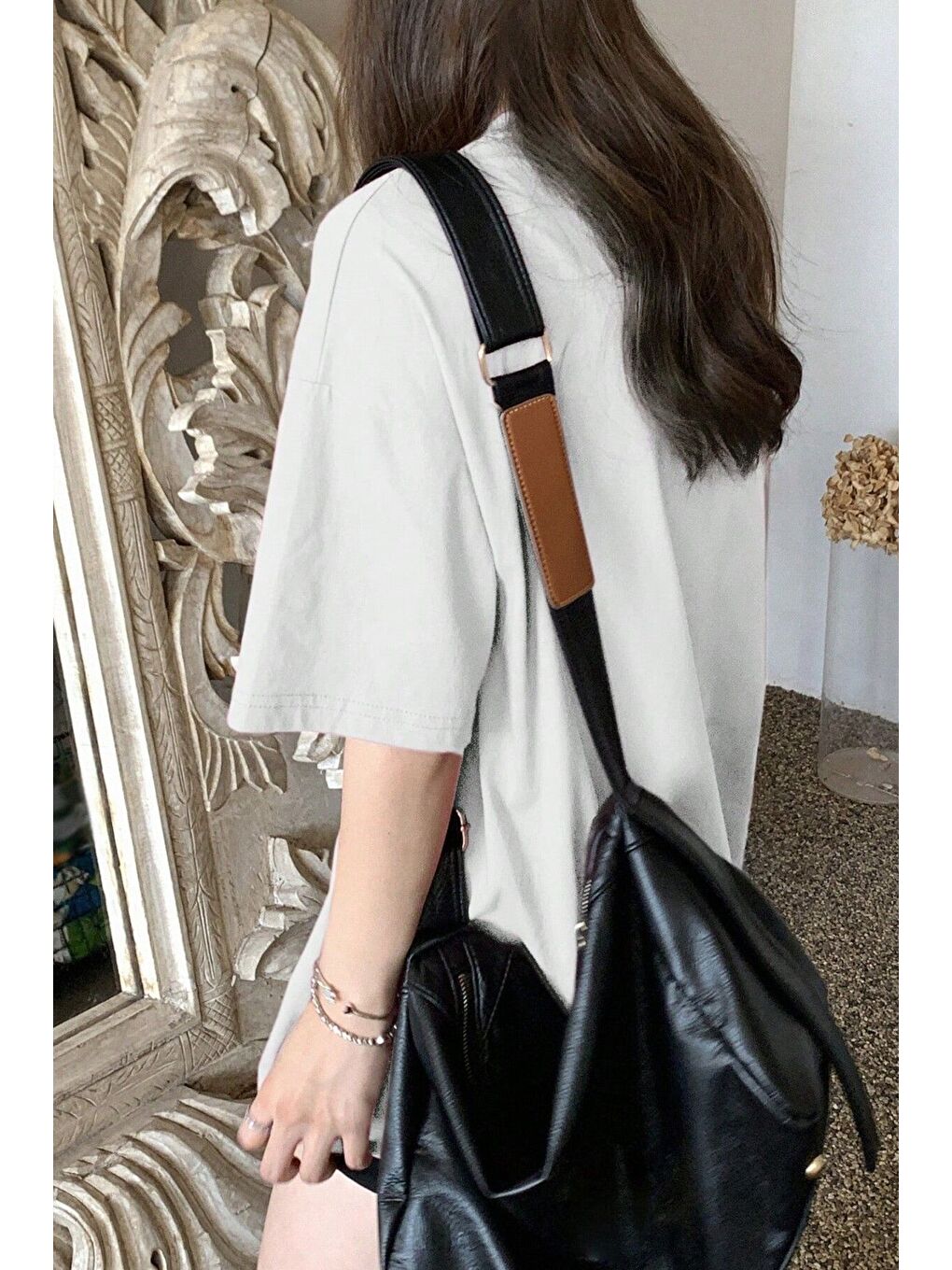 Kadın Beyaz Bisiklet Yaka Thousand Baskılı Oversize T Shirt-1