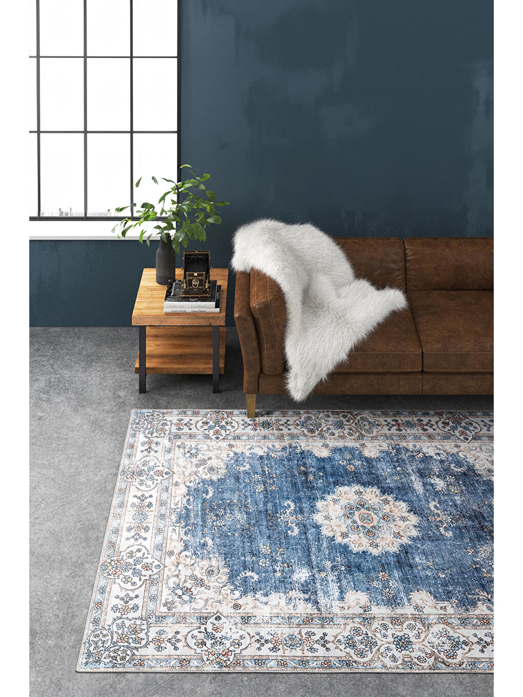 Mavi Dekoratif Özel Tasarım Yıkanabilir İnce Kaymaz Tabanlı Modern Halı KECE FR26-1