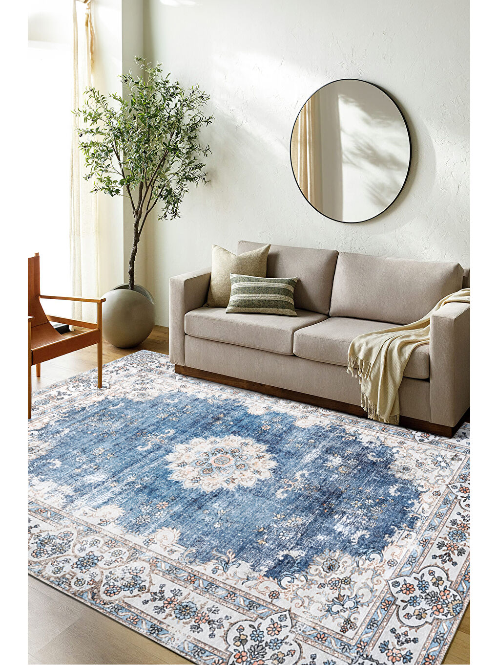 Mavi Dekoratif Özel Tasarım Yıkanabilir İnce Kaymaz Tabanlı Modern Halı KECE FR26-2