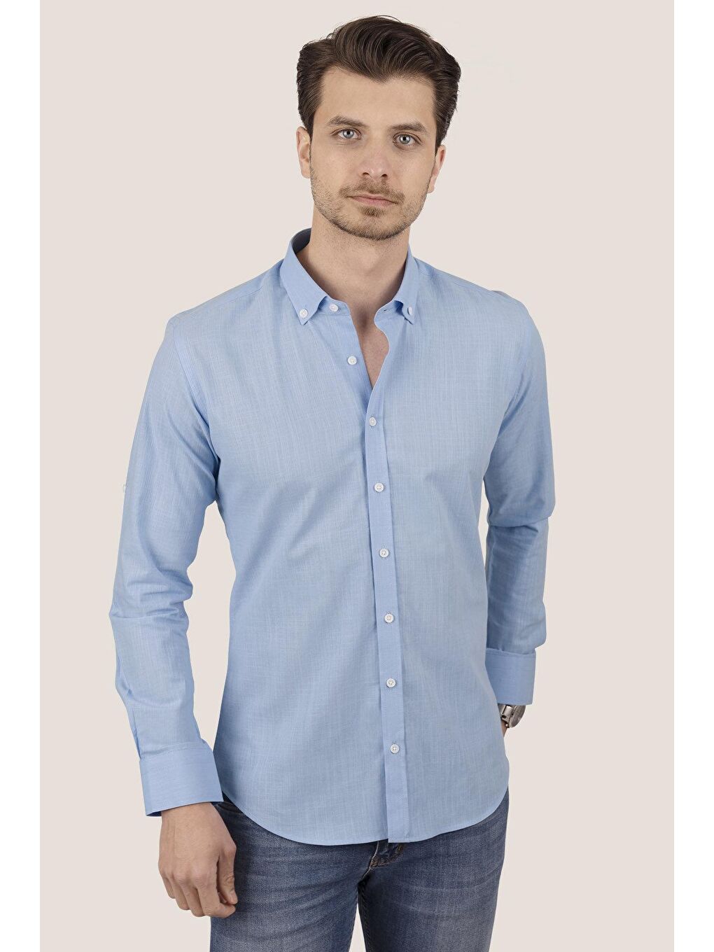 Mavi Yaka Düğmeli Keten Slimfit Erkek Gömlek-1