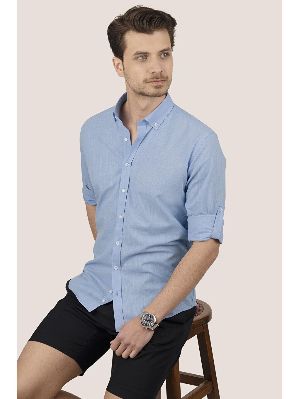 Mavi Yaka Düğmeli Keten Slimfit Erkek Gömlek-2