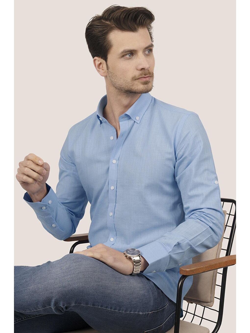 Mavi Yaka Düğmeli Keten Slimfit Erkek Gömlek-4