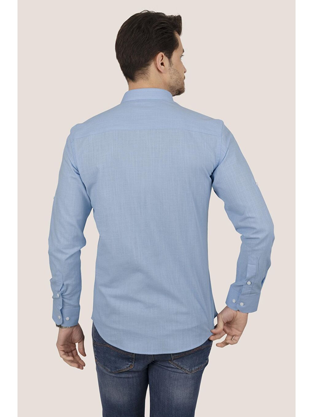 Mavi Yaka Düğmeli Keten Slimfit Erkek Gömlek-5