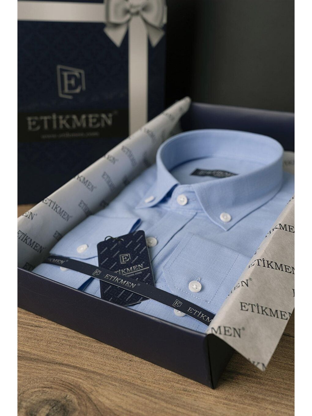 Mavi Yaka Düğmeli Keten Slimfit Erkek Gömlek-6