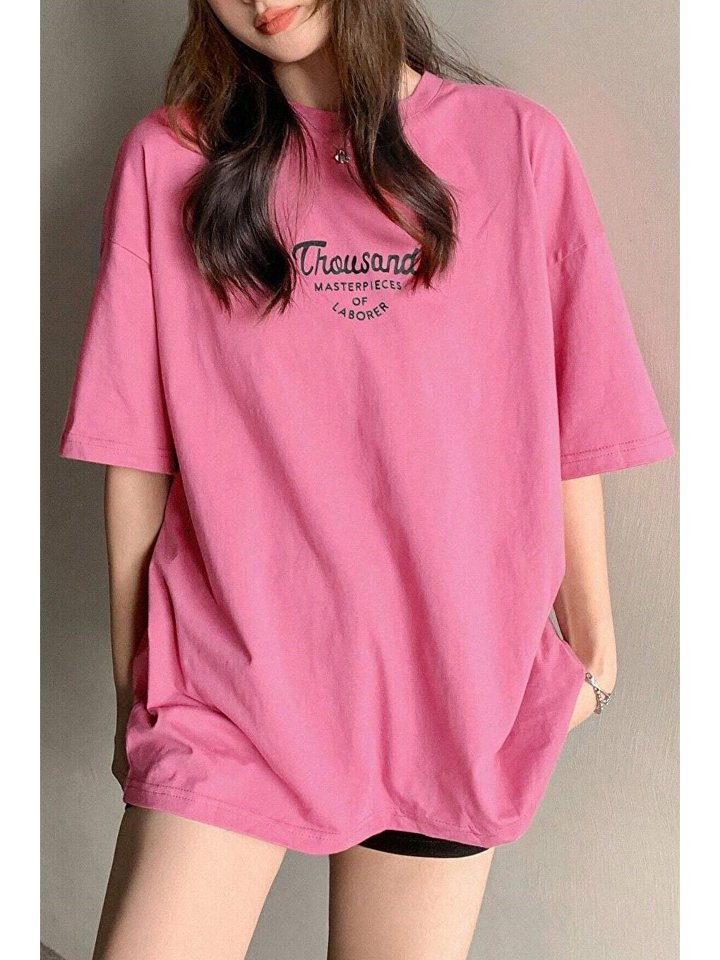 Kadın Pembe Yeşili Bisiklet Yaka Thousand Baskılı Oversize T Shirt