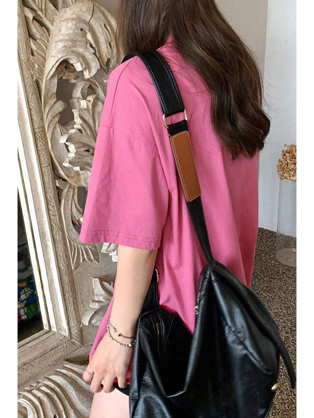 Kadın Pembe Yeşili Bisiklet Yaka Thousand Baskılı Oversize T Shirt-1
