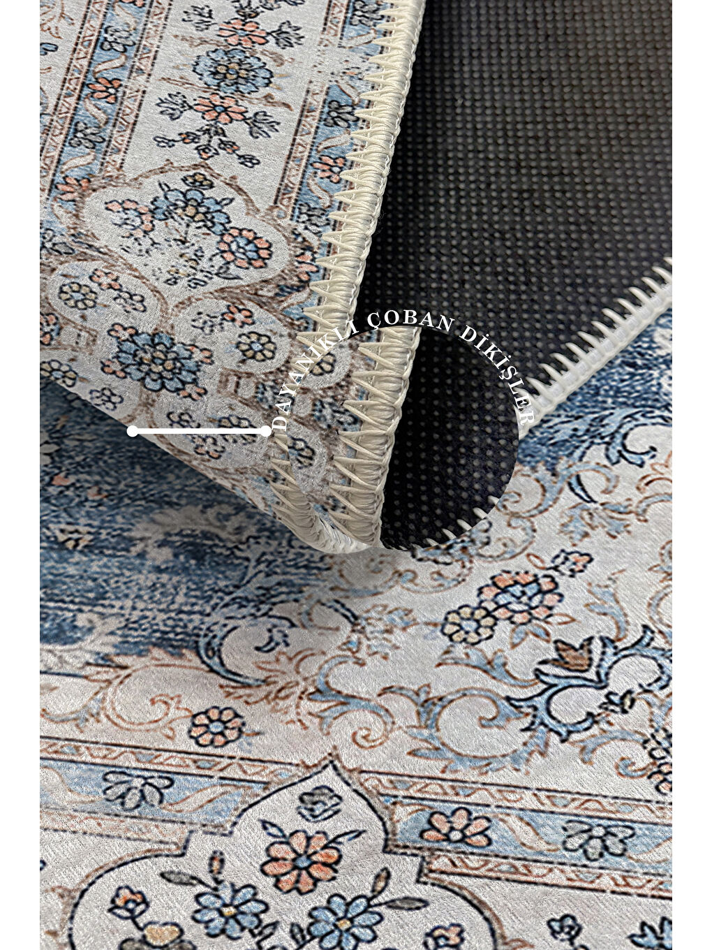 Mavi Dekoratif Özel Tasarım Yıkanabilir İnce Kaymaz Tabanlı Modern Halı KECE FR26-3