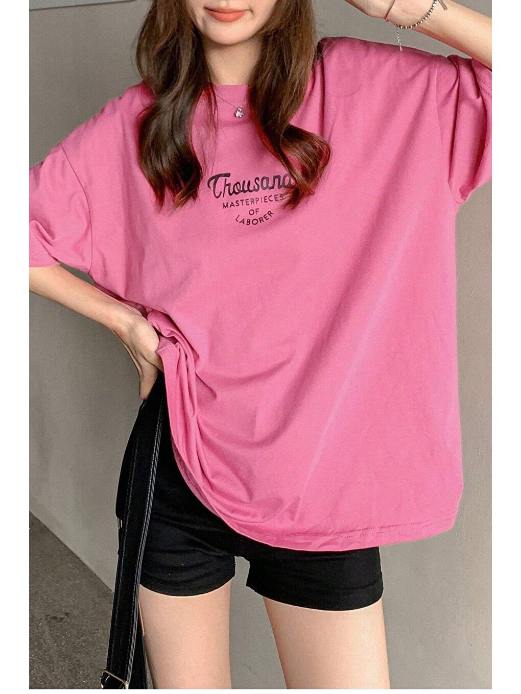 Kadın Pembe Yeşili Bisiklet Yaka Thousand Baskılı Oversize T Shirt-3
