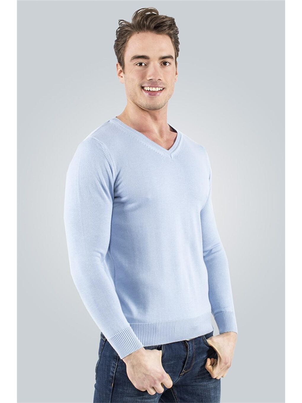 Erkek Standart Fit Normal Kesim V Yaka Pamuklu Mavi Triko Kazak