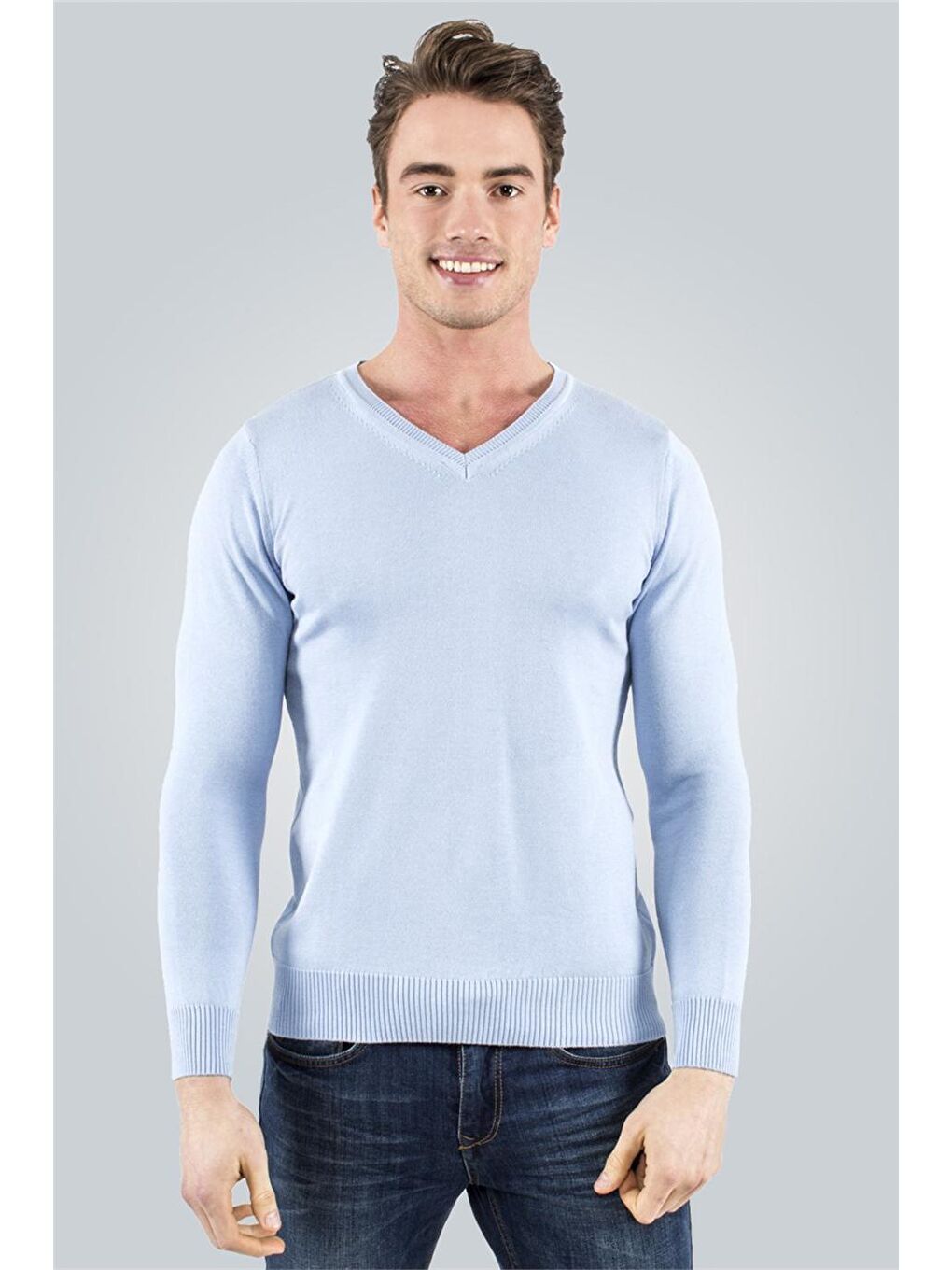 Erkek Standart Fit Normal Kesim V Yaka Pamuklu Mavi Triko Kazak-1