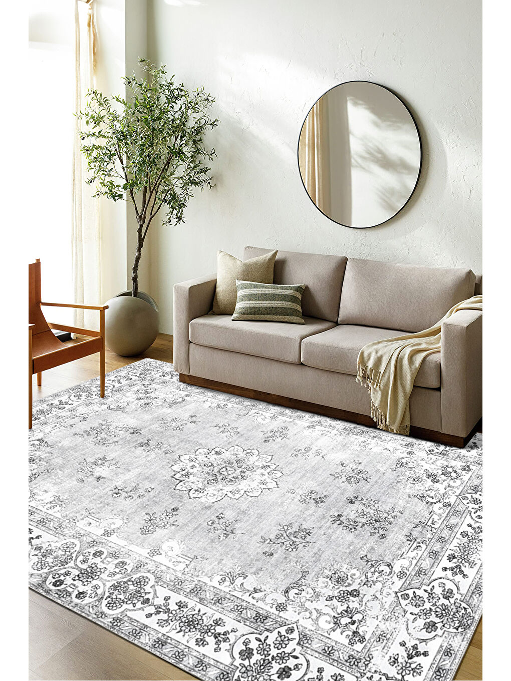 Gri Dekoratif Özel Tasarım Yıkanabilir İnce Kaymaz Tabanlı Modern Halı KECE FR25-2