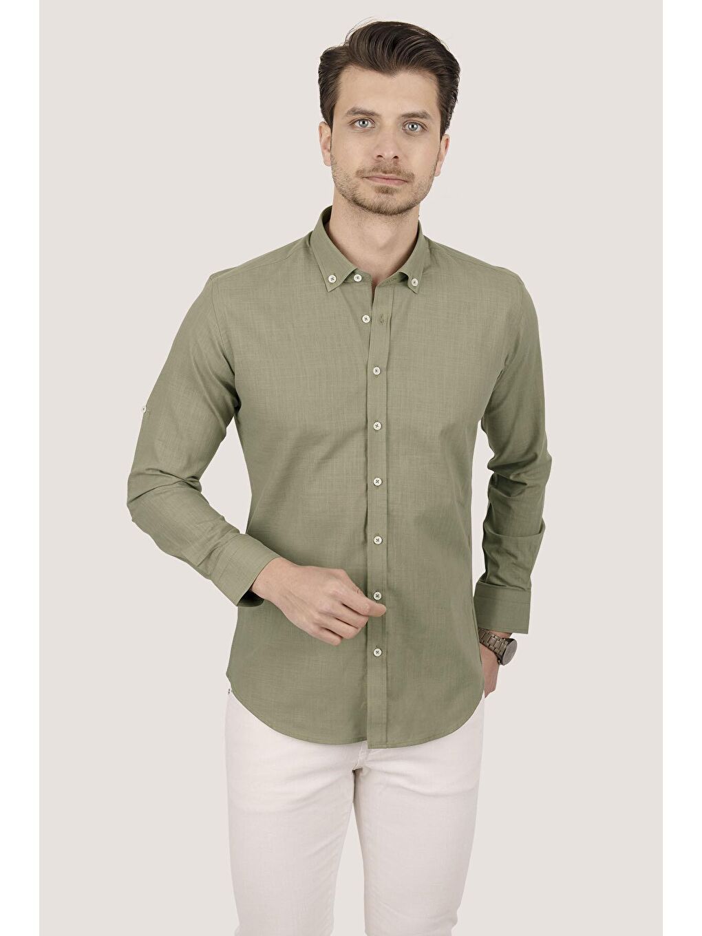 Haki Yaka Düğmeli Keten Slimfit Erkek Gömlek-1
