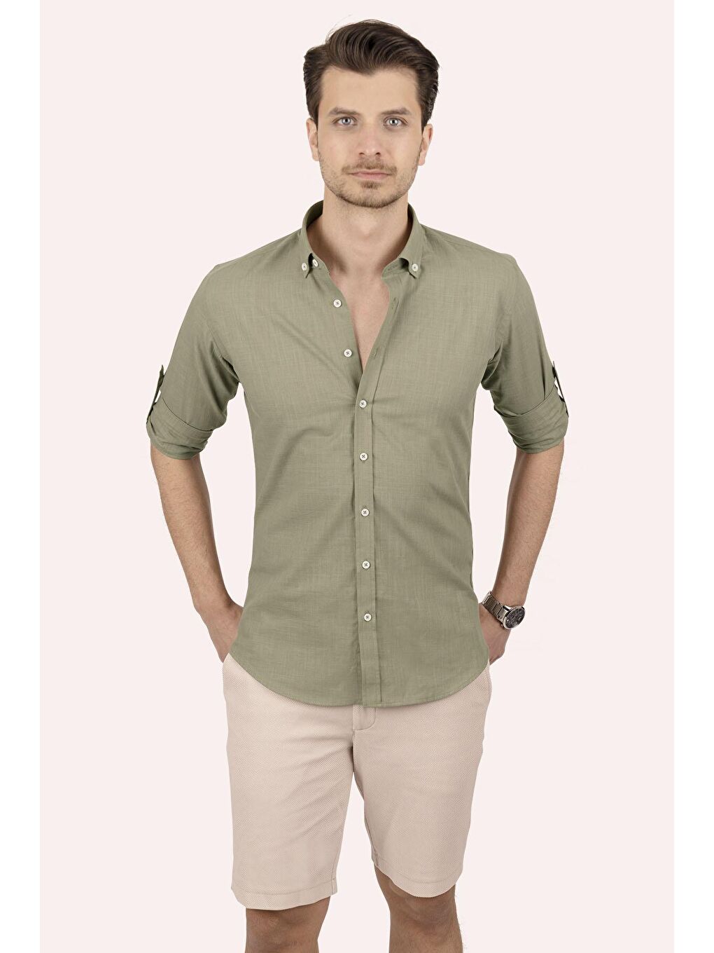 Haki Yaka Düğmeli Keten Slimfit Erkek Gömlek-2
