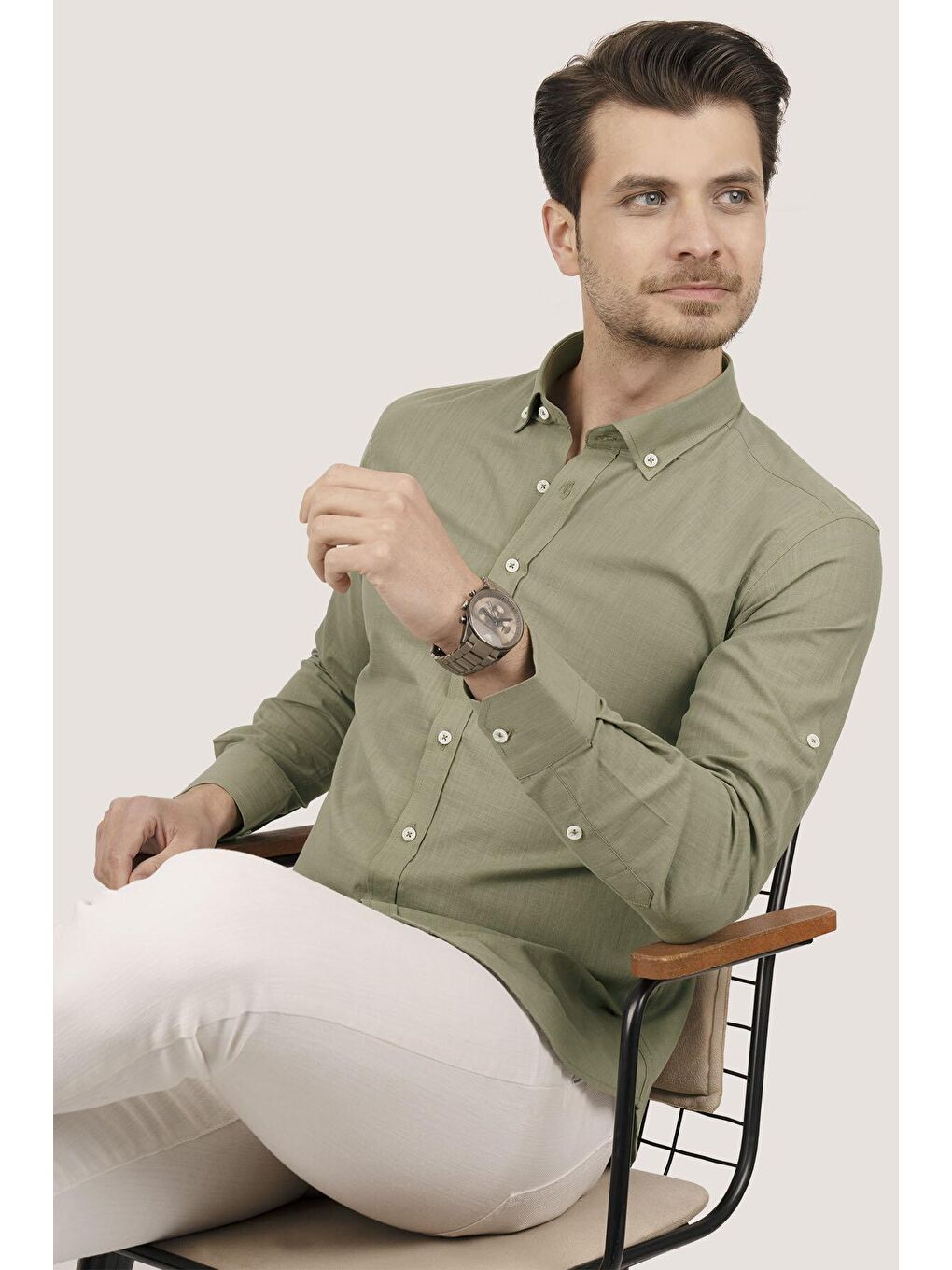 Haki Yaka Düğmeli Keten Slimfit Erkek Gömlek-4