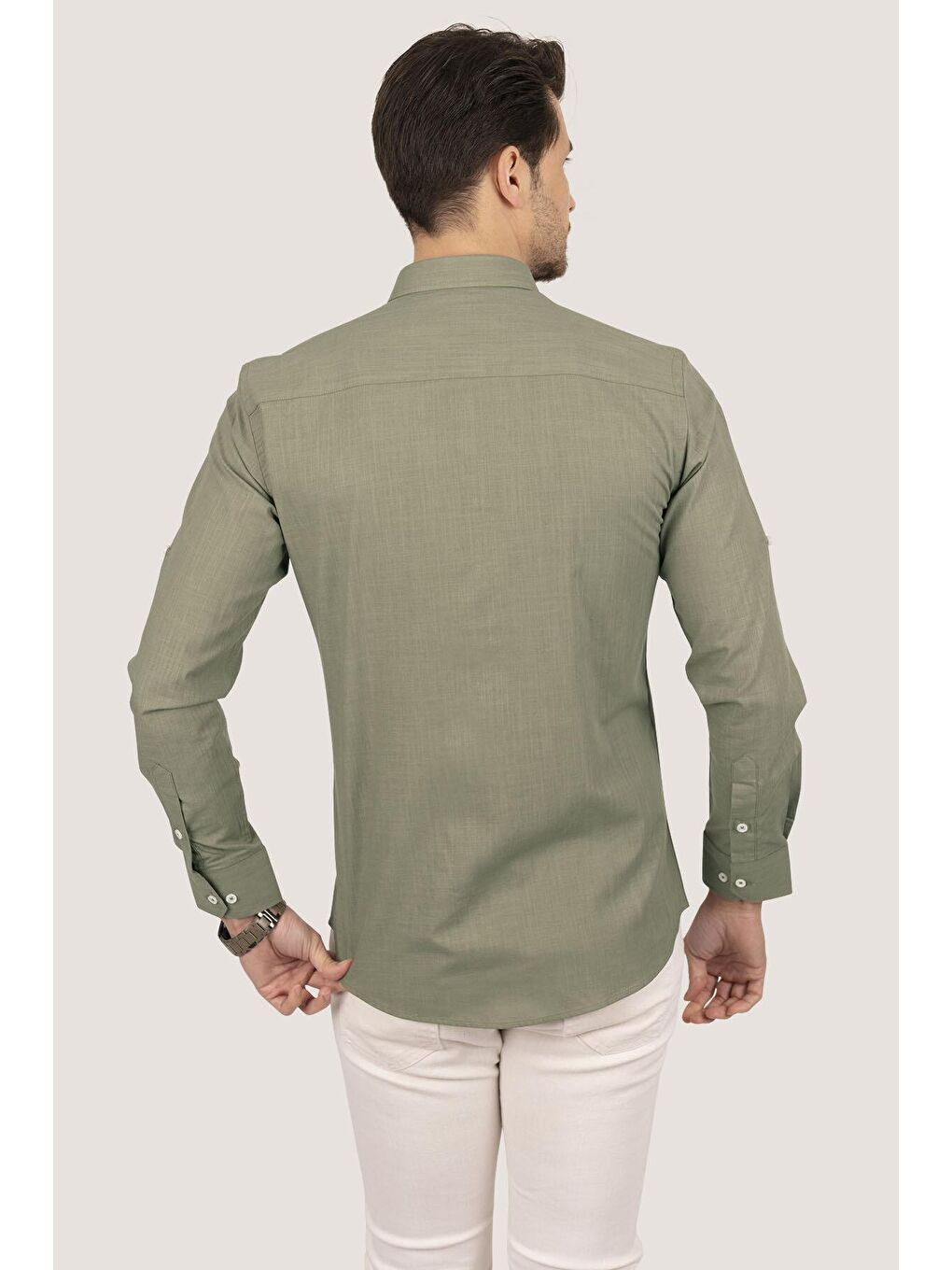 Haki Yaka Düğmeli Keten Slimfit Erkek Gömlek-5