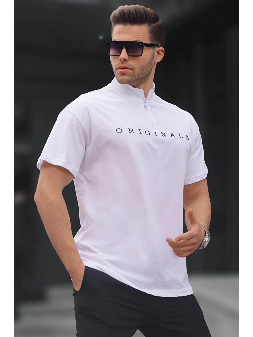 Beyaz Fermuar Yaka Erkek %100 Pamuk Tişört 5858