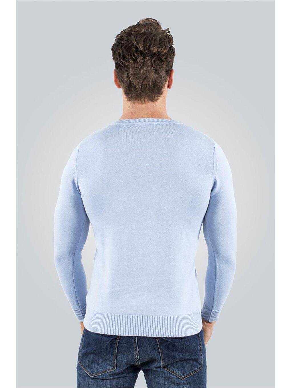 Erkek Standart Fit Normal Kesim V Yaka Pamuklu Mavi Triko Kazak-2