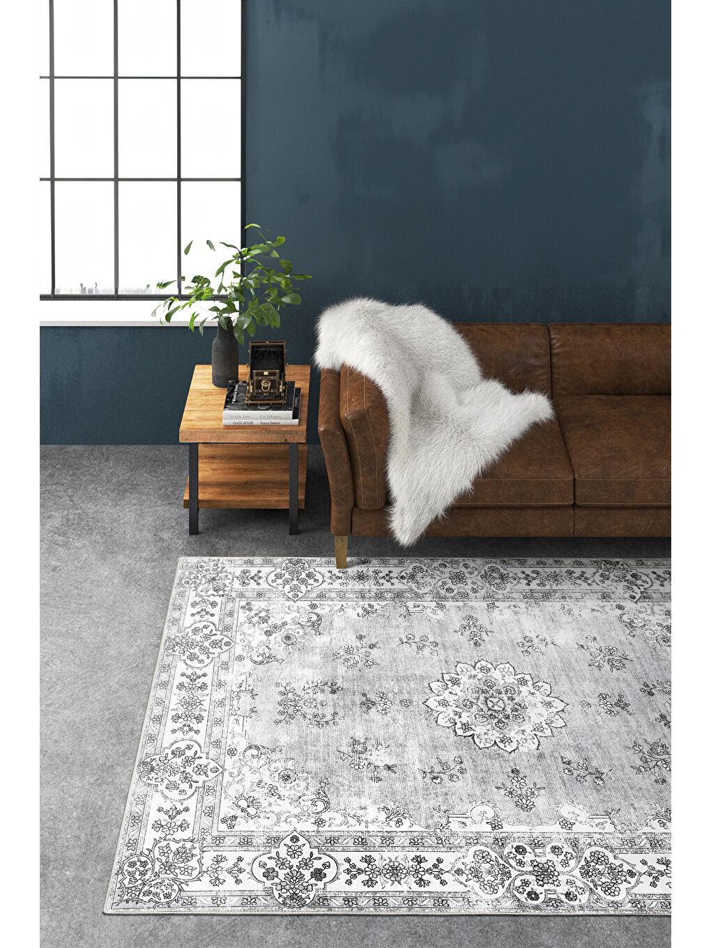 Gri Dekoratif Özel Tasarım Yıkanabilir İnce Kaymaz Tabanlı Modern Halı KECE FR25-1