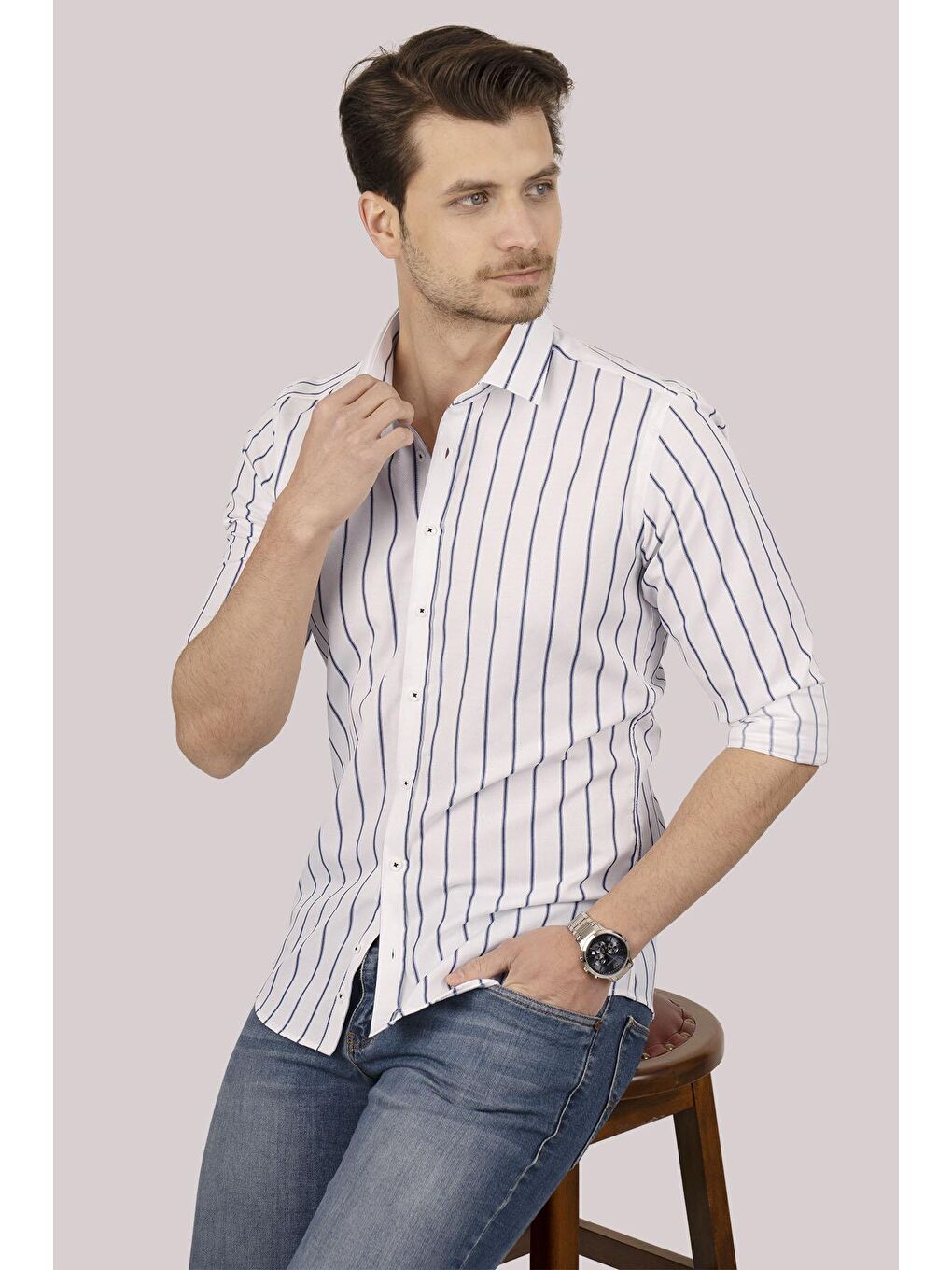 Beyaz Lacivert Çizgili Slimfit Erkek Gömlek-1