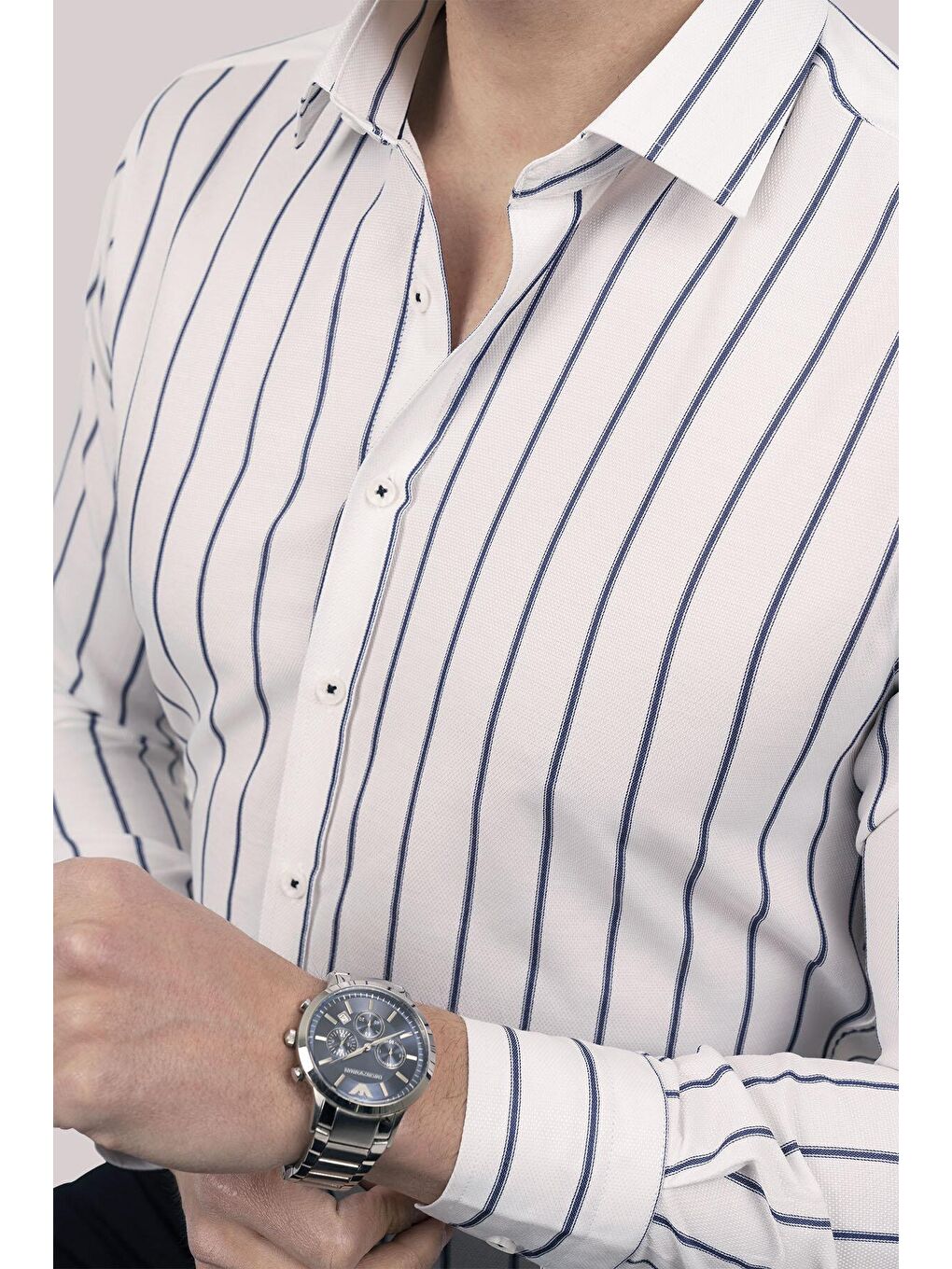 Beyaz Lacivert Çizgili Slimfit Erkek Gömlek
