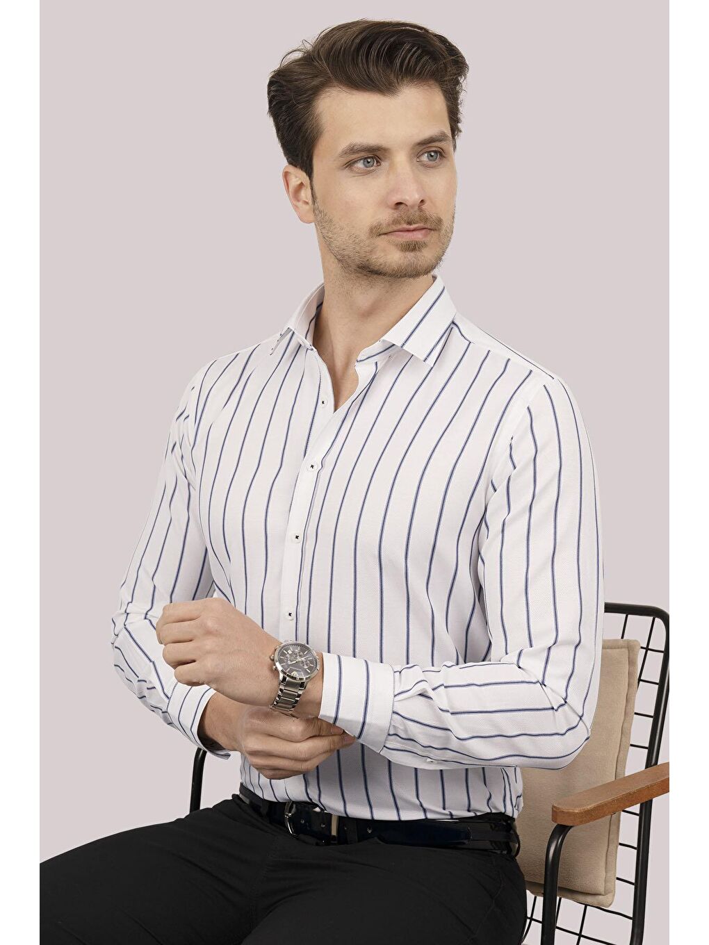 Beyaz Lacivert Çizgili Slimfit Erkek Gömlek-2