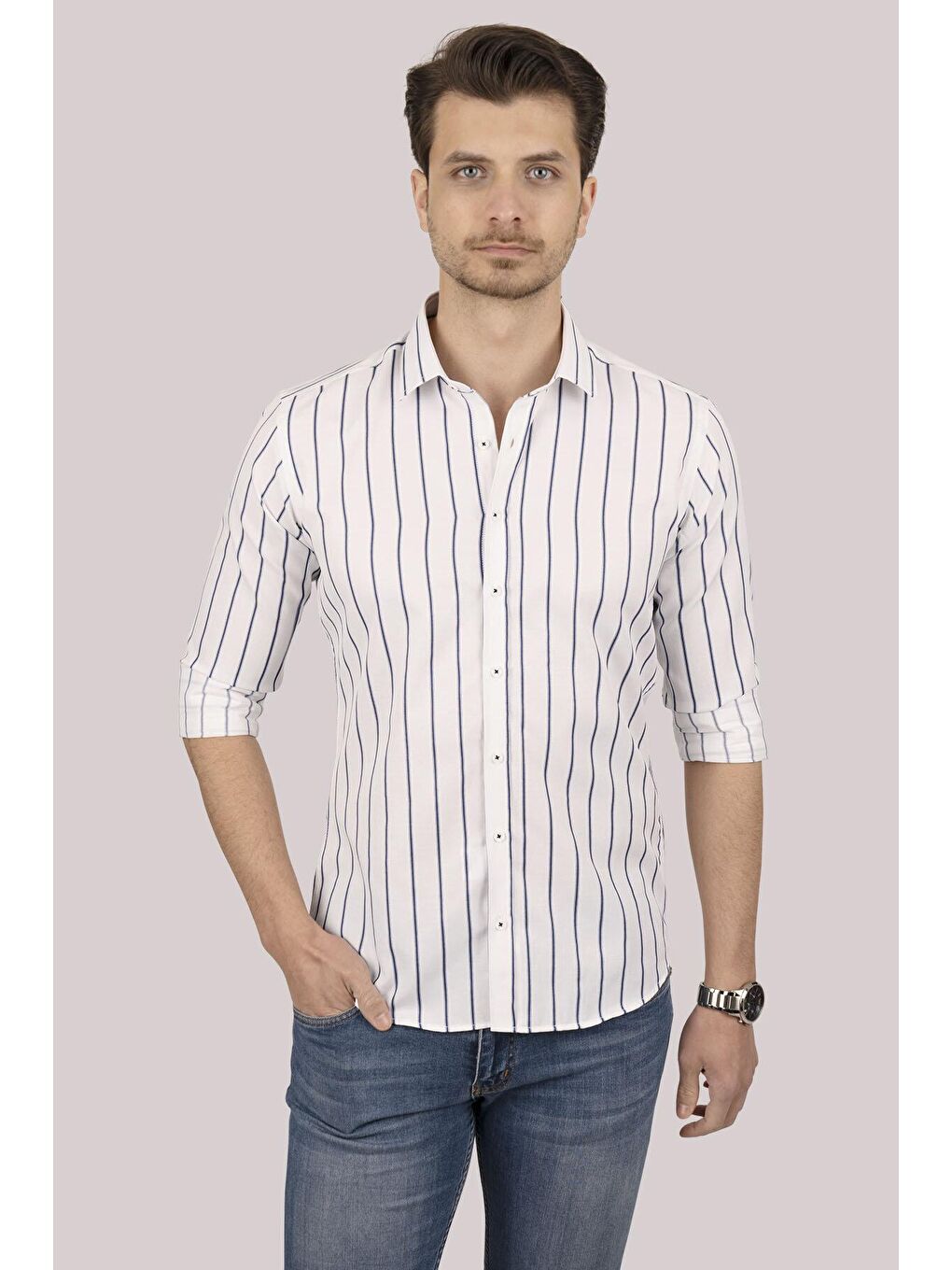 Beyaz Lacivert Çizgili Slimfit Erkek Gömlek-4