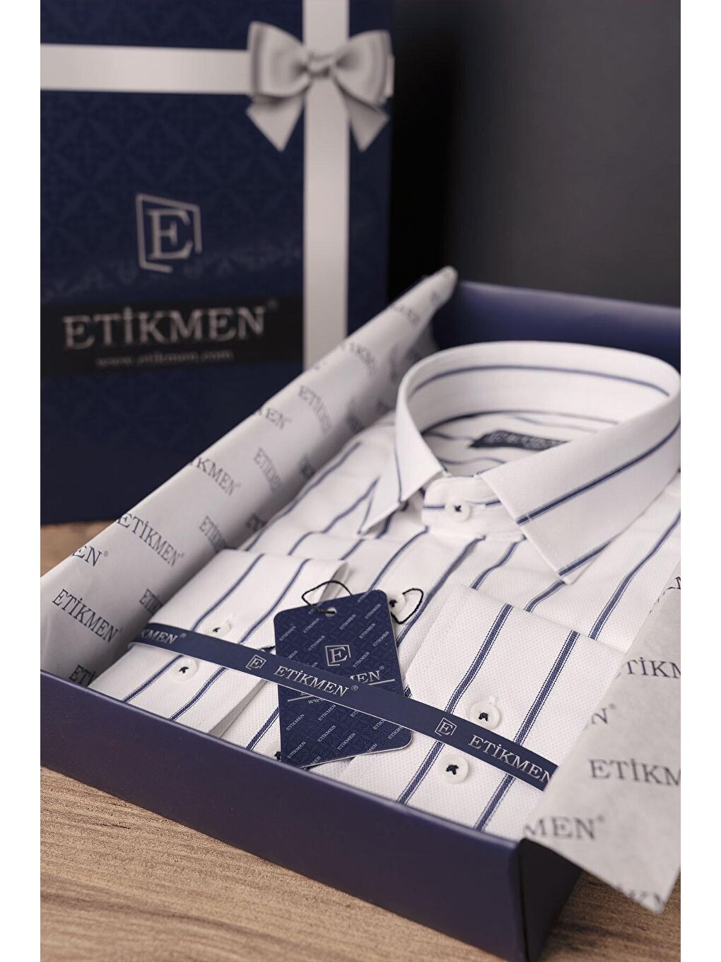 Beyaz Lacivert Çizgili Slimfit Erkek Gömlek-6