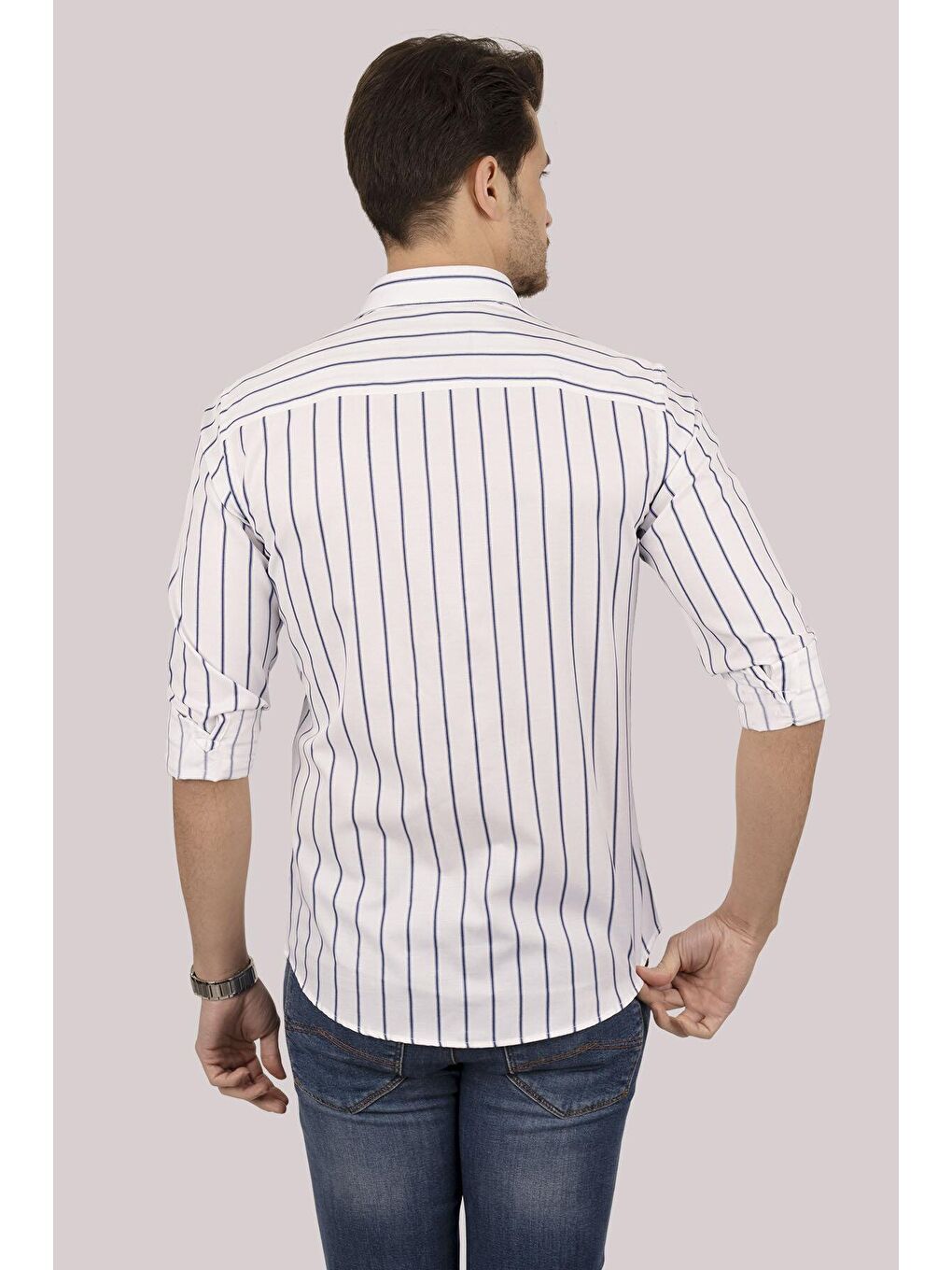 Beyaz Lacivert Çizgili Slimfit Erkek Gömlek-5