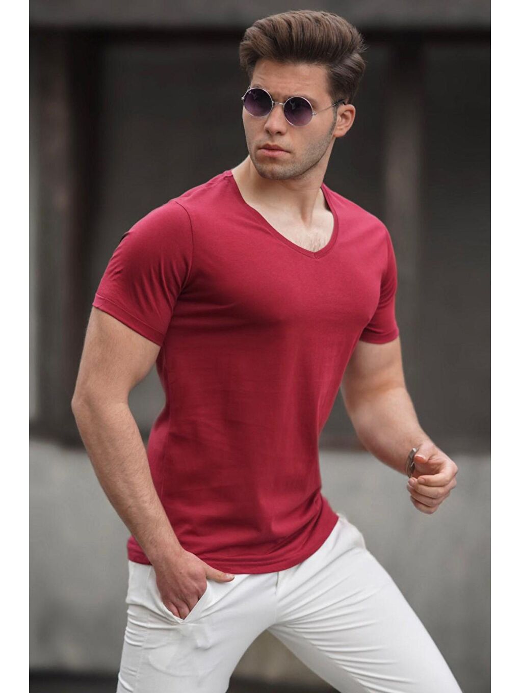 V-Yaka Bordo Tişört 2309-