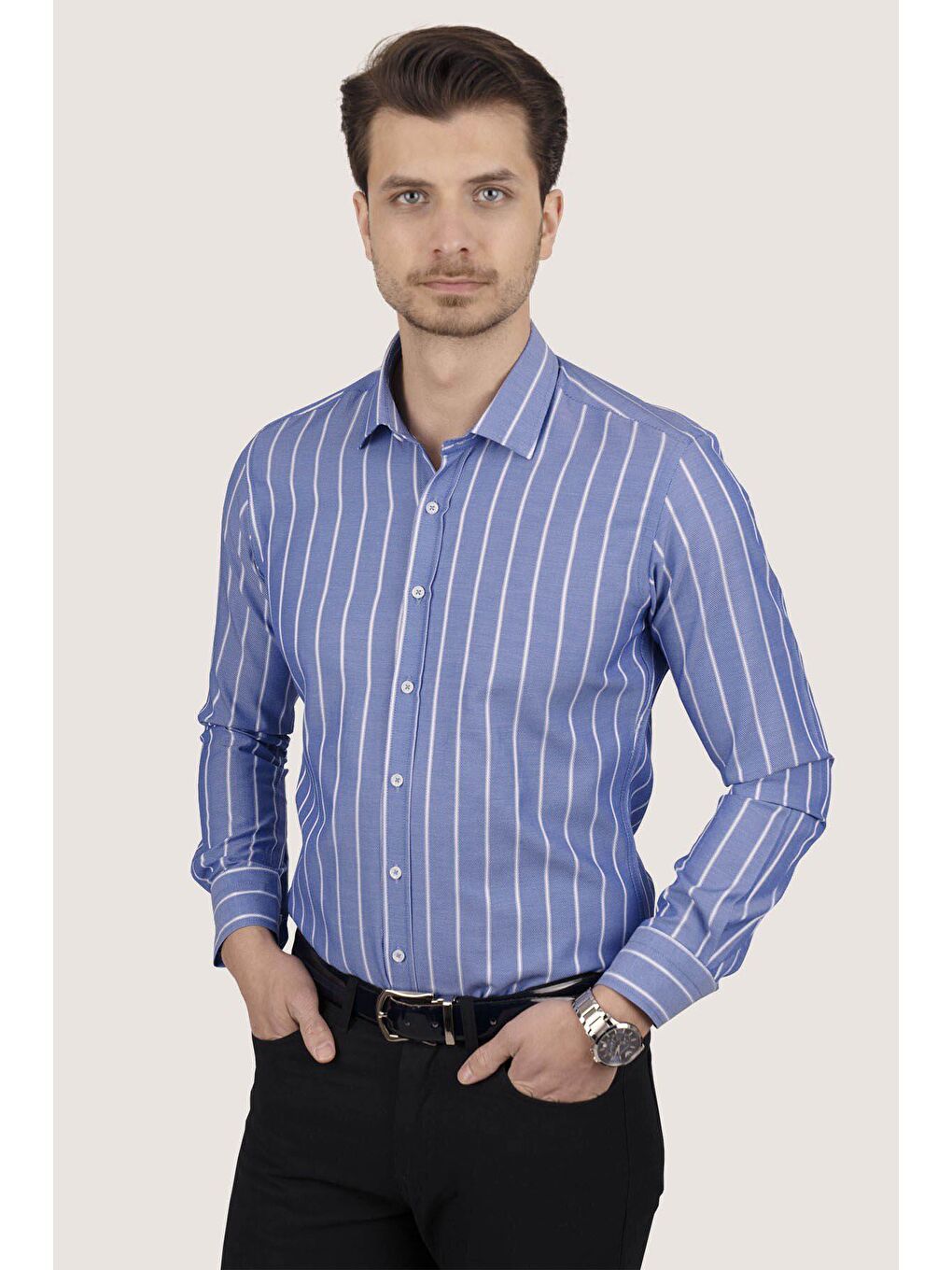 Etikmen Mavi Beyaz Çizgili Slimfit Erkek Gömlek - 4