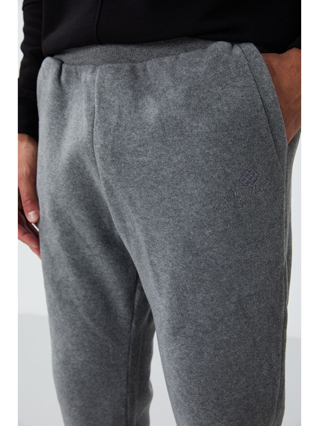 Gri Melanj Gizli Fermuarlı Rahat Form Lastik Paça Polar  Eşofman Alt - 84866-1