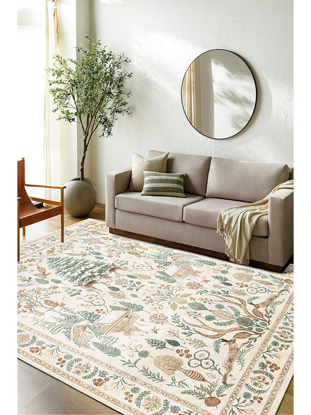 Bej Dekoratif Özel Tasarım Yıkanabilir İnce Kaymaz Tabanlı Modern Halı KECE FR25-2