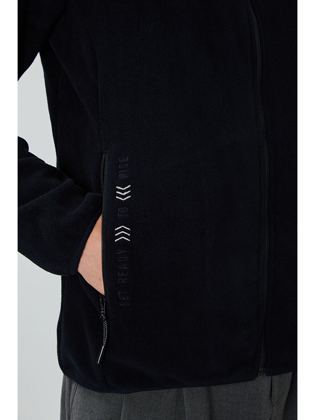 Lacivert Yazı Nakışlı Dik Yaka  Standart Kalıp Erkek Fermuarlı Sweatshirt Polar - 87992-2