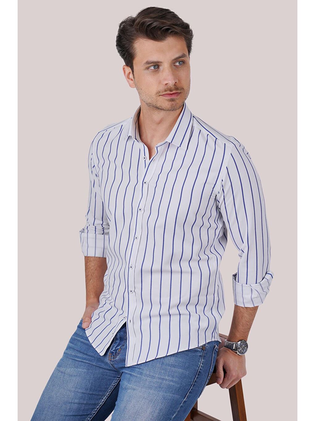 Beyaz Mavi Çizgili Slimfit Erkek Gömlek-1