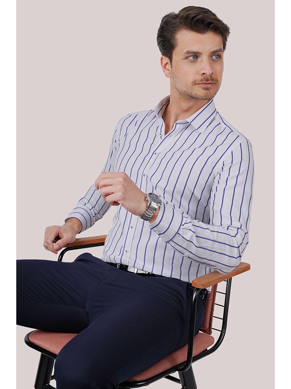 Beyaz Mavi Çizgili Slimfit Erkek Gömlek-2