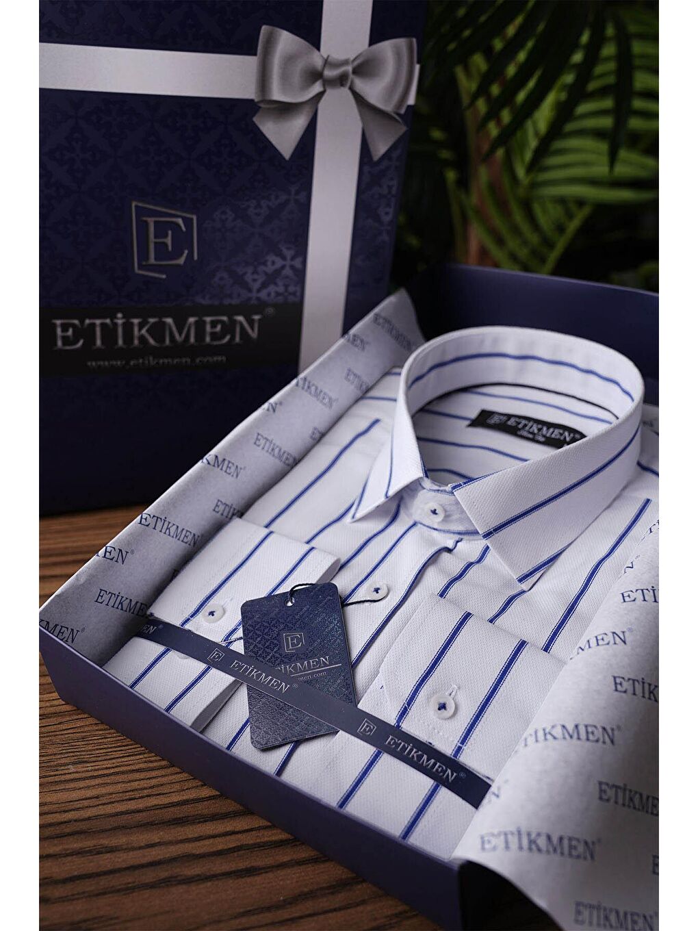 Beyaz Mavi Çizgili Slimfit Erkek Gömlek-6