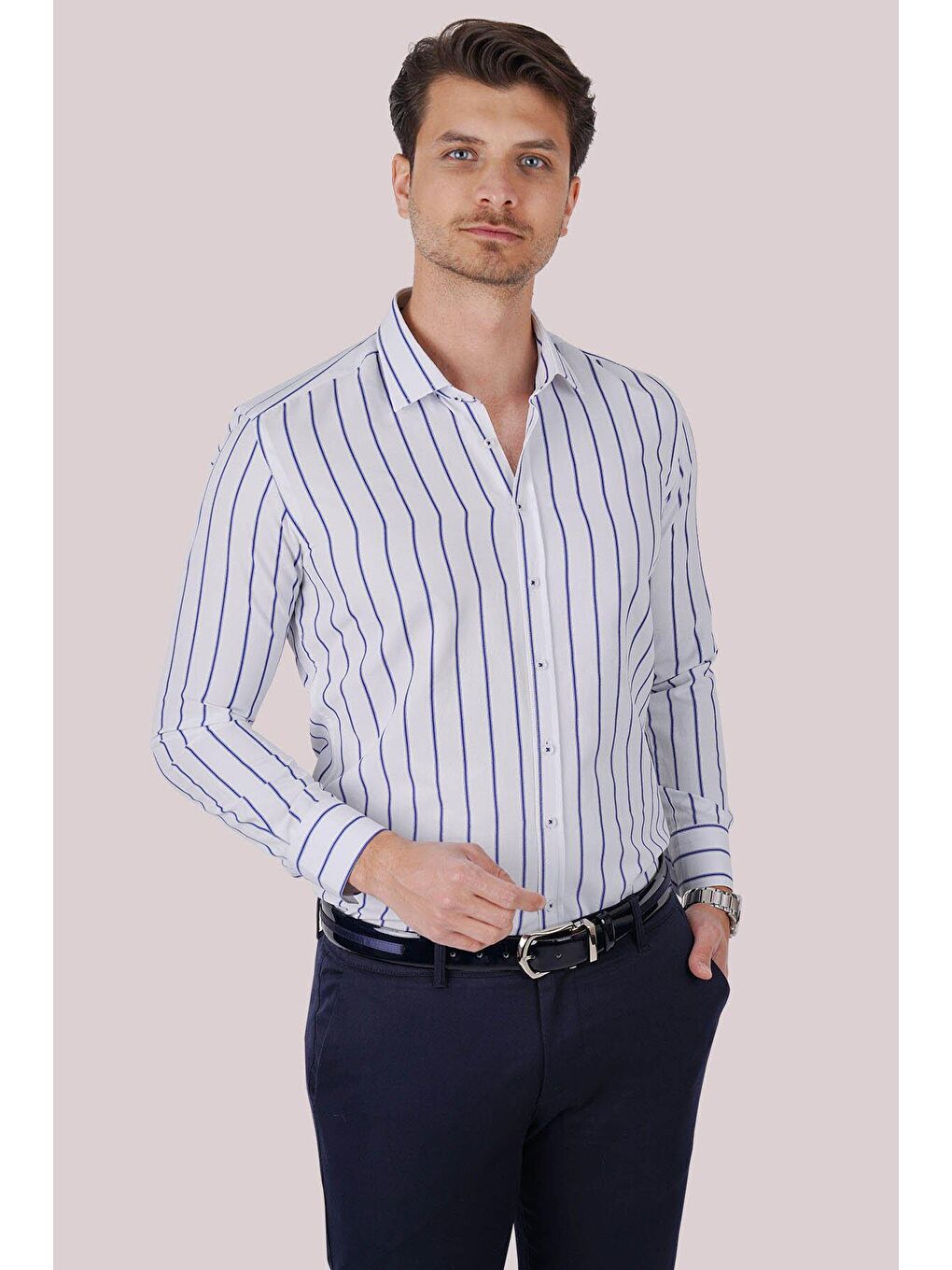 Beyaz Mavi Çizgili Slimfit Erkek Gömlek-4