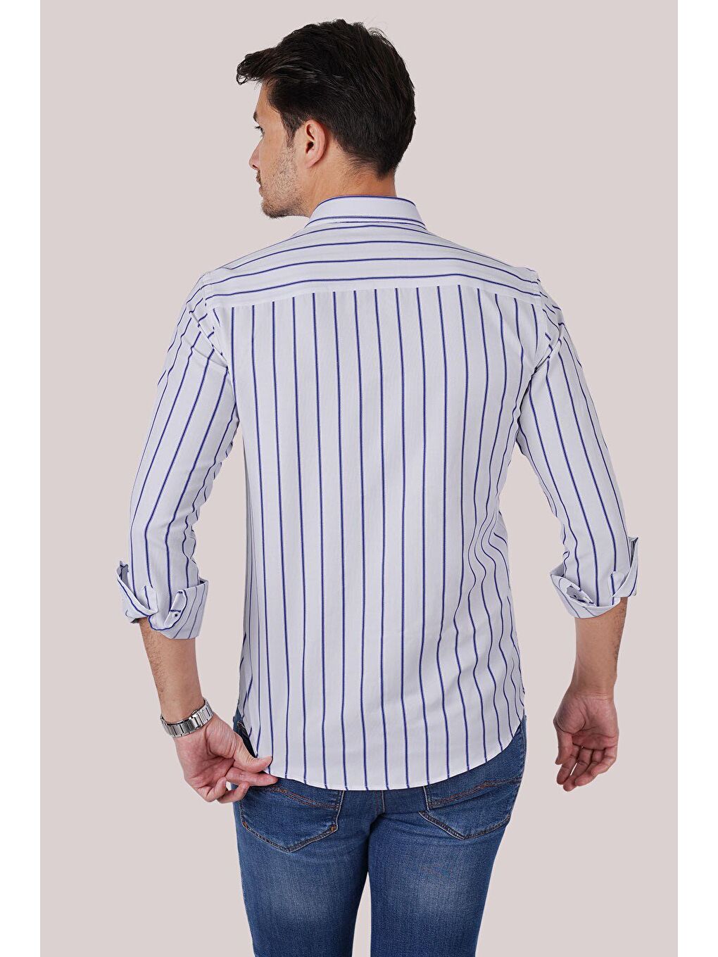 Beyaz Mavi Çizgili Slimfit Erkek Gömlek-5