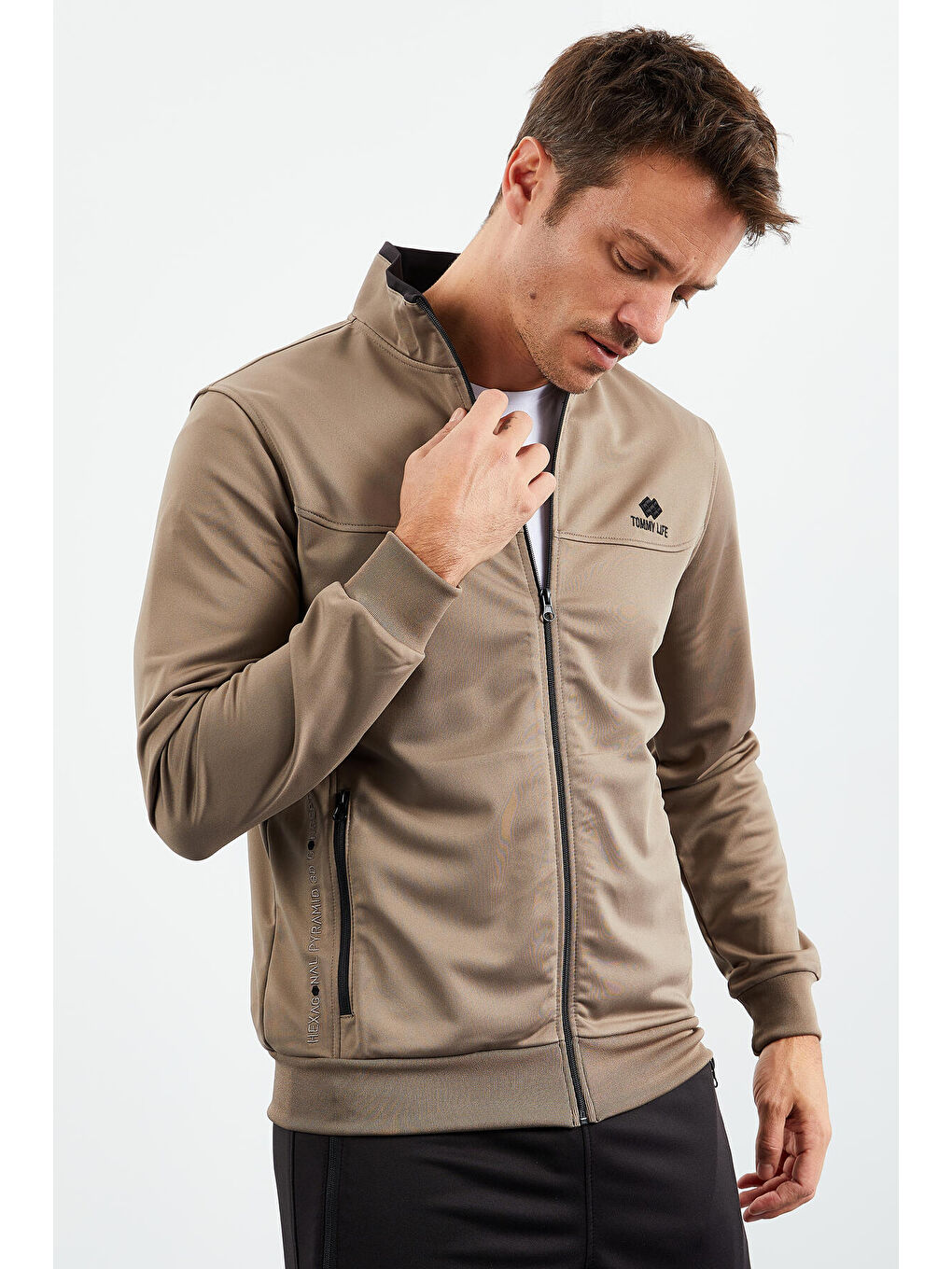 Sarı Camel - Siyah Dik Yaka Fermuarlı Standart Kalıp Klasik Paça Erkek Eşofman Takımı  - 85162-2