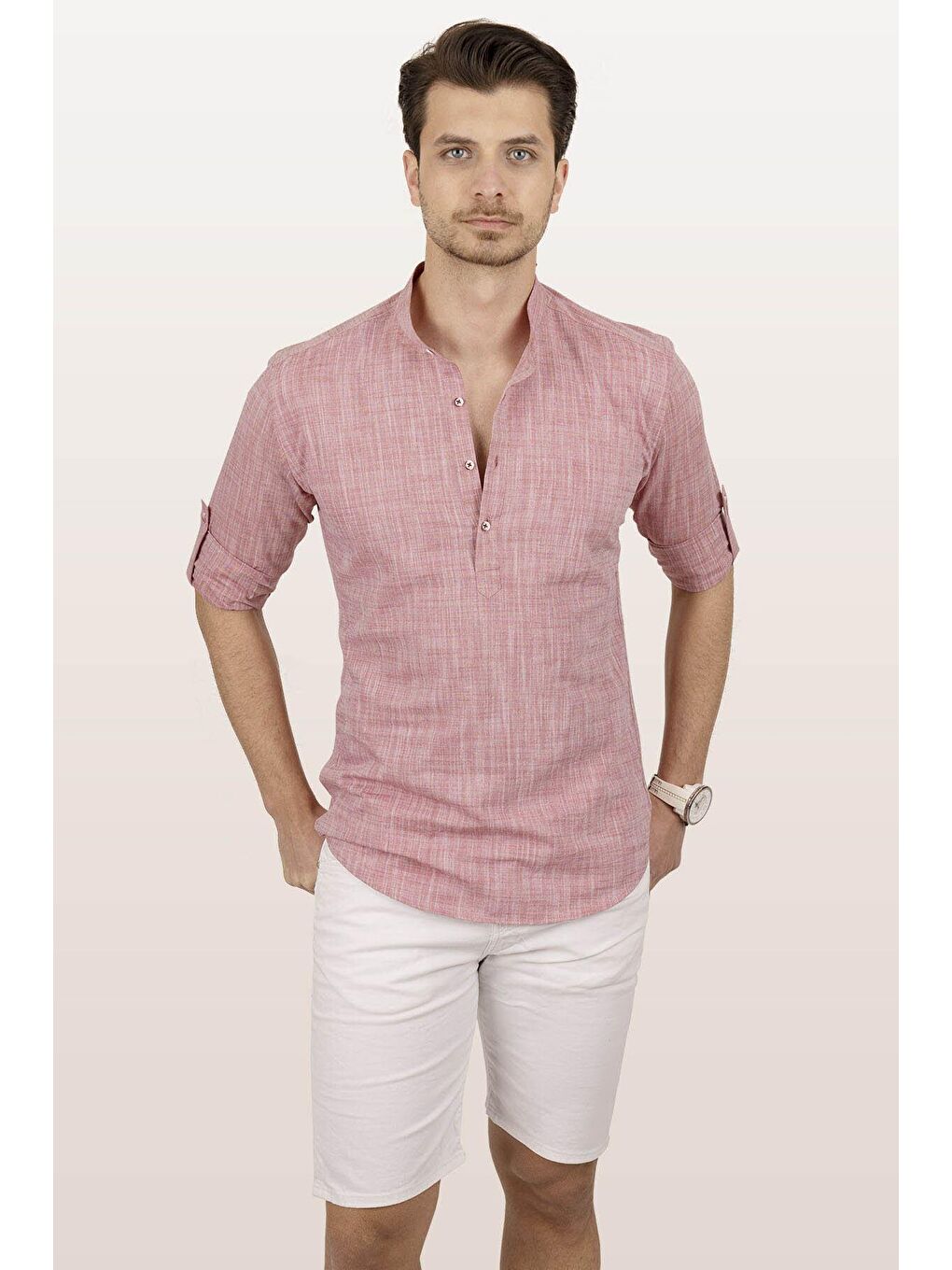 Kırmızı Açık Vişne Hakim Yaka Keten Üç Düğmeli Slimfit Erkek %100 Pamuk Gömlek-1