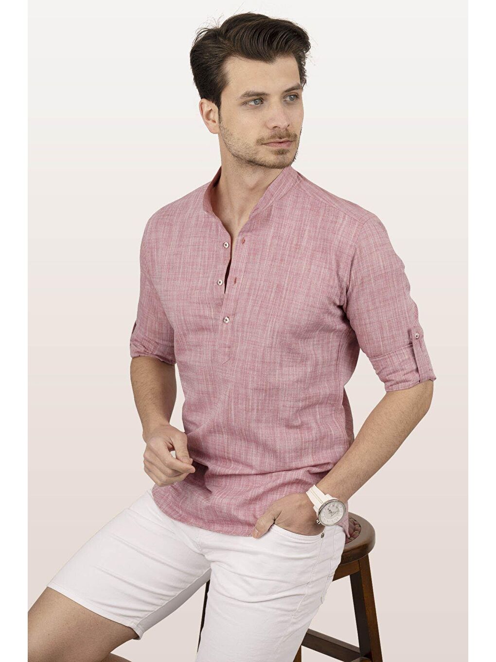 Kırmızı Açık Vişne Hakim Yaka Keten Üç Düğmeli Slimfit Erkek %100 Pamuk Gömlek-4