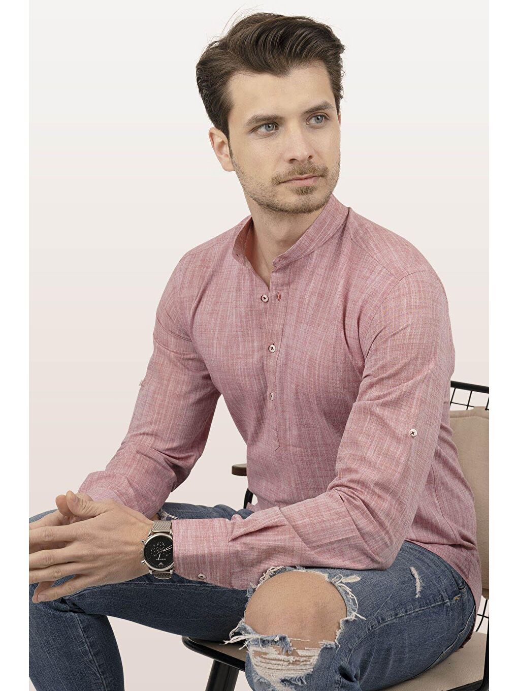 Kırmızı Açık Vişne Hakim Yaka Keten Üç Düğmeli Slimfit Erkek %100 Pamuk Gömlek-2