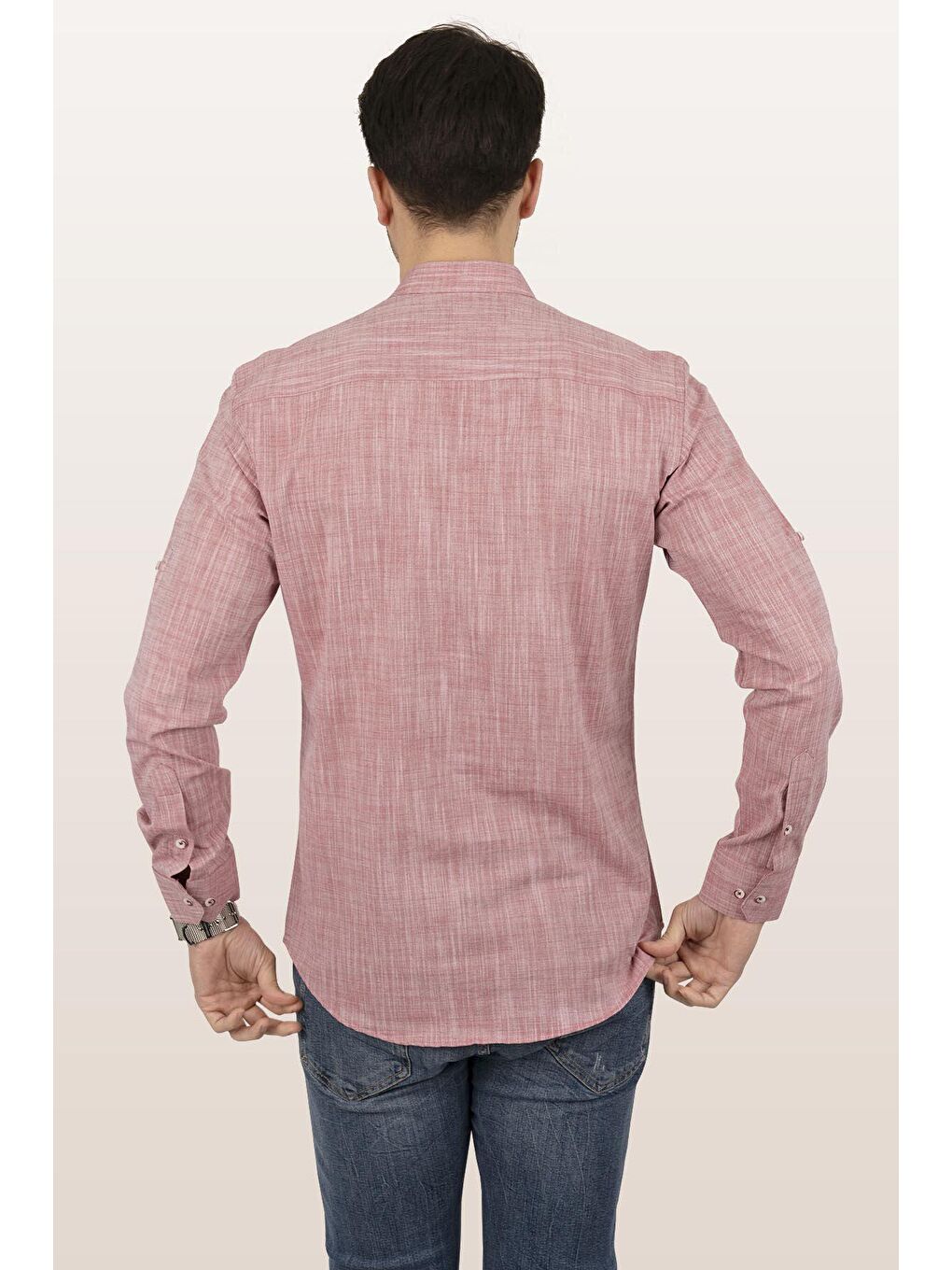 Kırmızı Açık Vişne Hakim Yaka Keten Üç Düğmeli Slimfit Erkek %100 Pamuk Gömlek-5