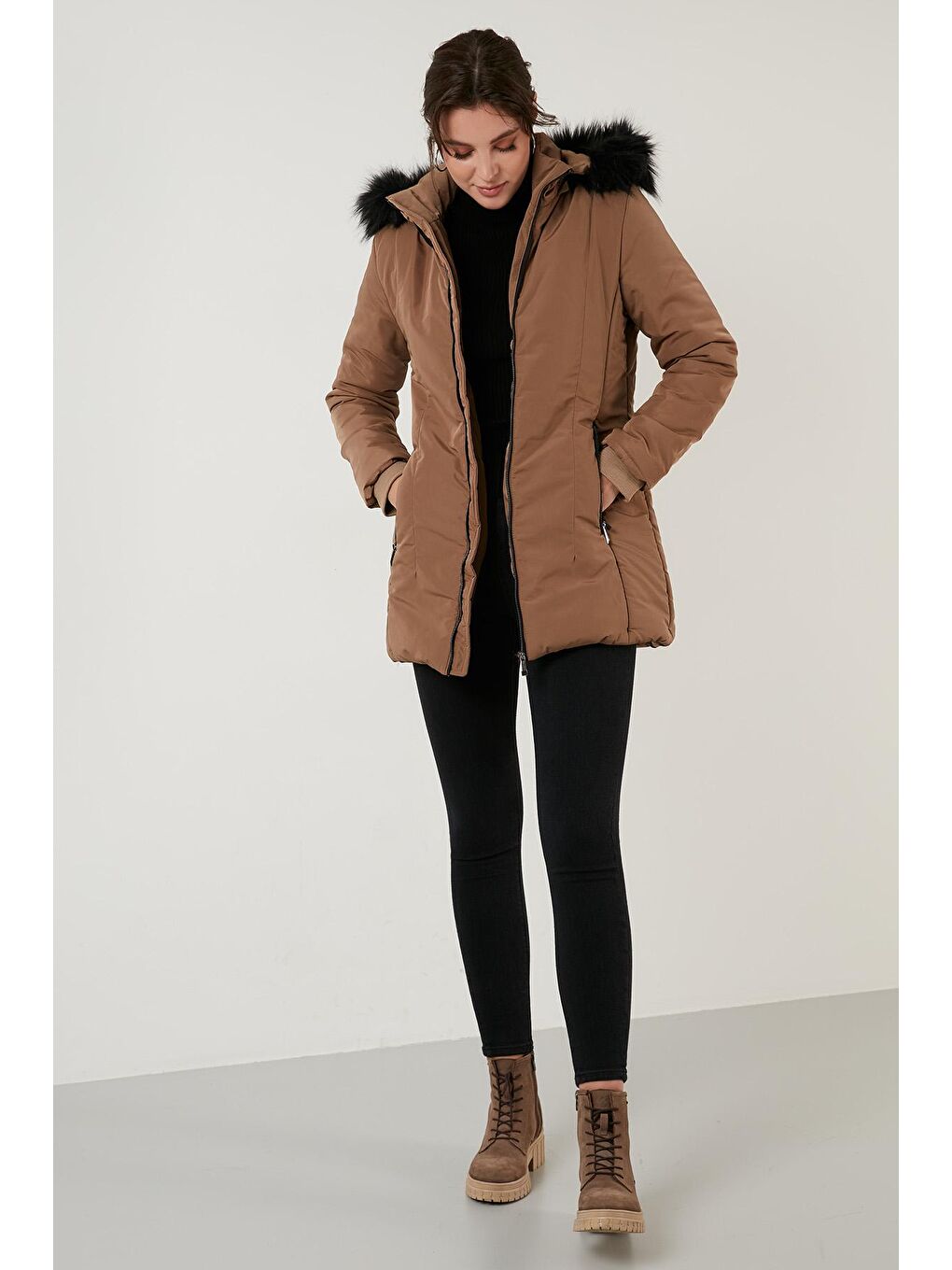 Kahverengi Slim Fit Suni Tüylü Çıkarılabilir Kapüşonlu Kaban 497DEFNE21-2