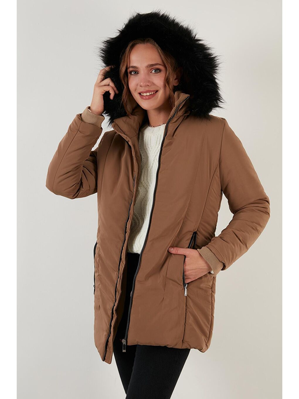 Kahverengi Slim Fit Suni Tüylü Çıkarılabilir Kapüşonlu Kaban 497DEFNE21-3