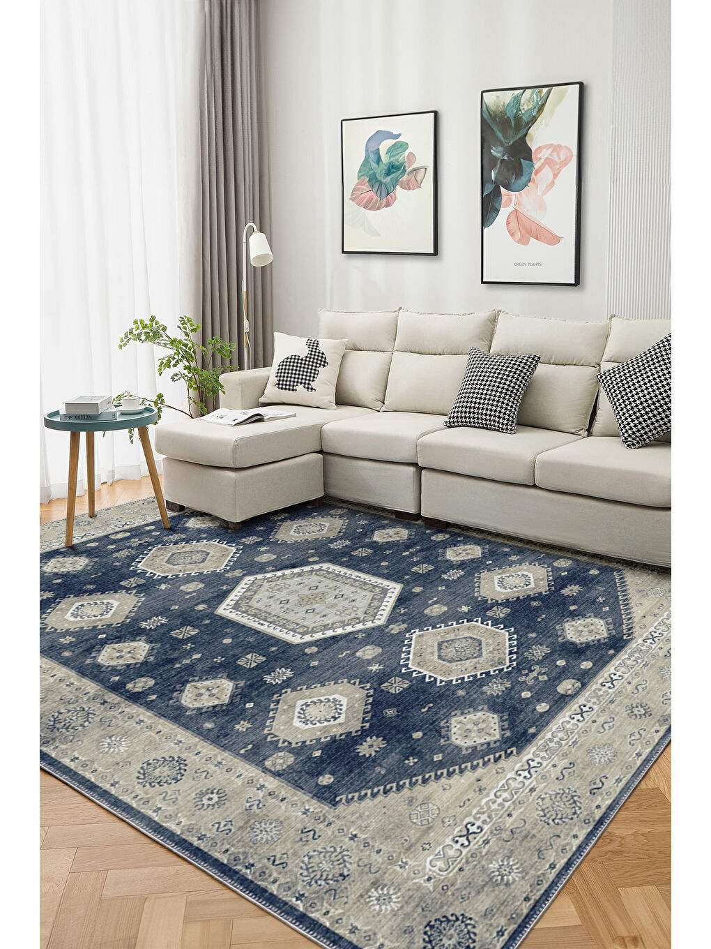 Lacivert Dekoratif Özel Tasarım Yıkanabilir İnce Kaymaz Tabanlı Modern Halı KECE FR24-2