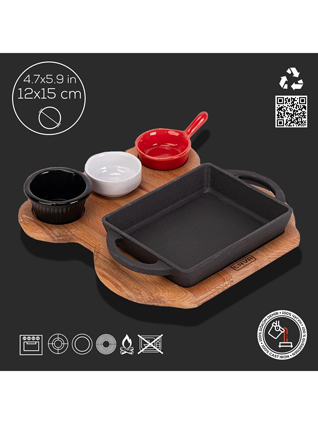 Siyah Dikdörtgen Sahan Döküm Demir Yekpare Çift Kulplu Kayın Servis Ahşabı Ölçü 12x15cm.-1